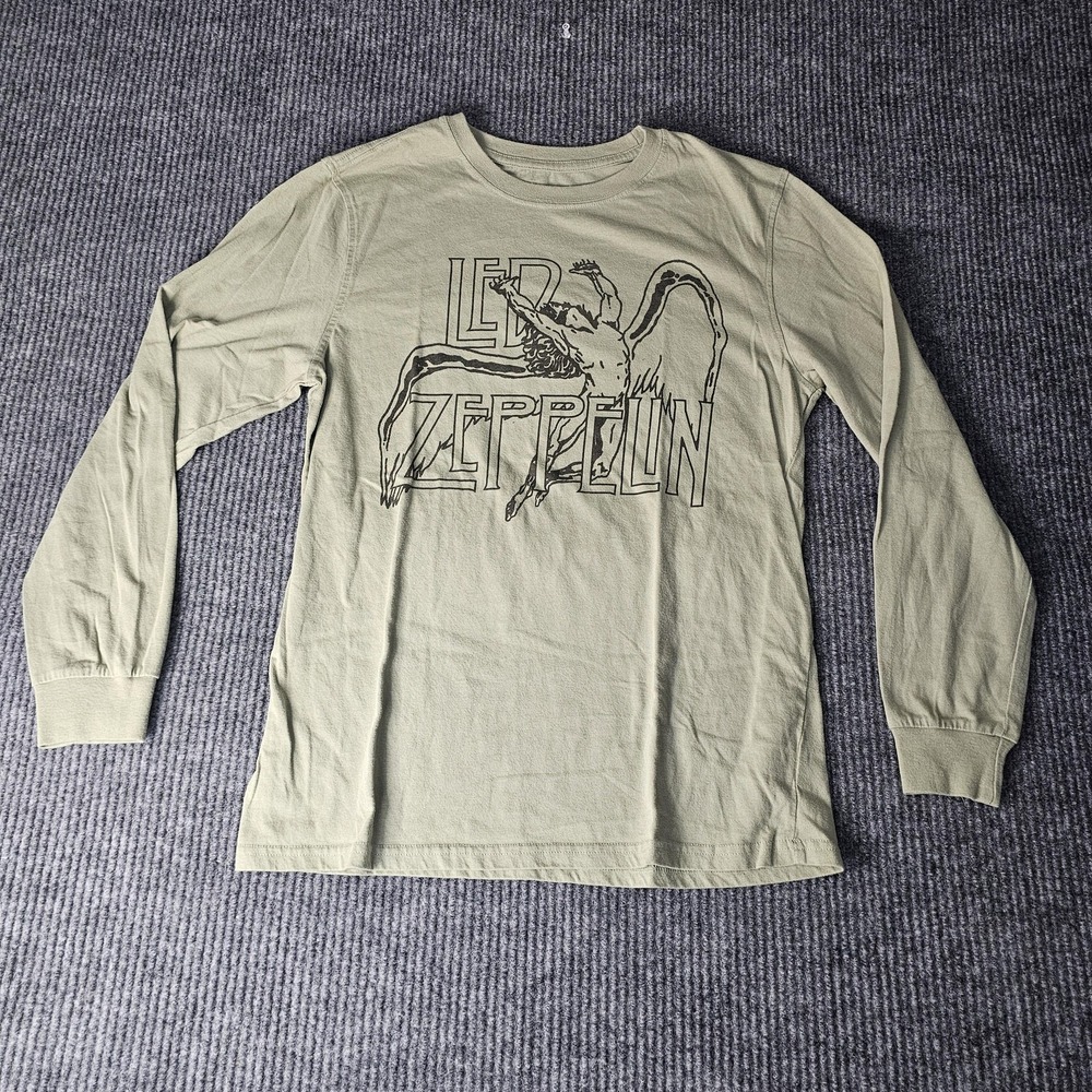 Led Zeppelin Shirt Mens Medium Green Long Sleeve Graphic Tee Rock Band Logo